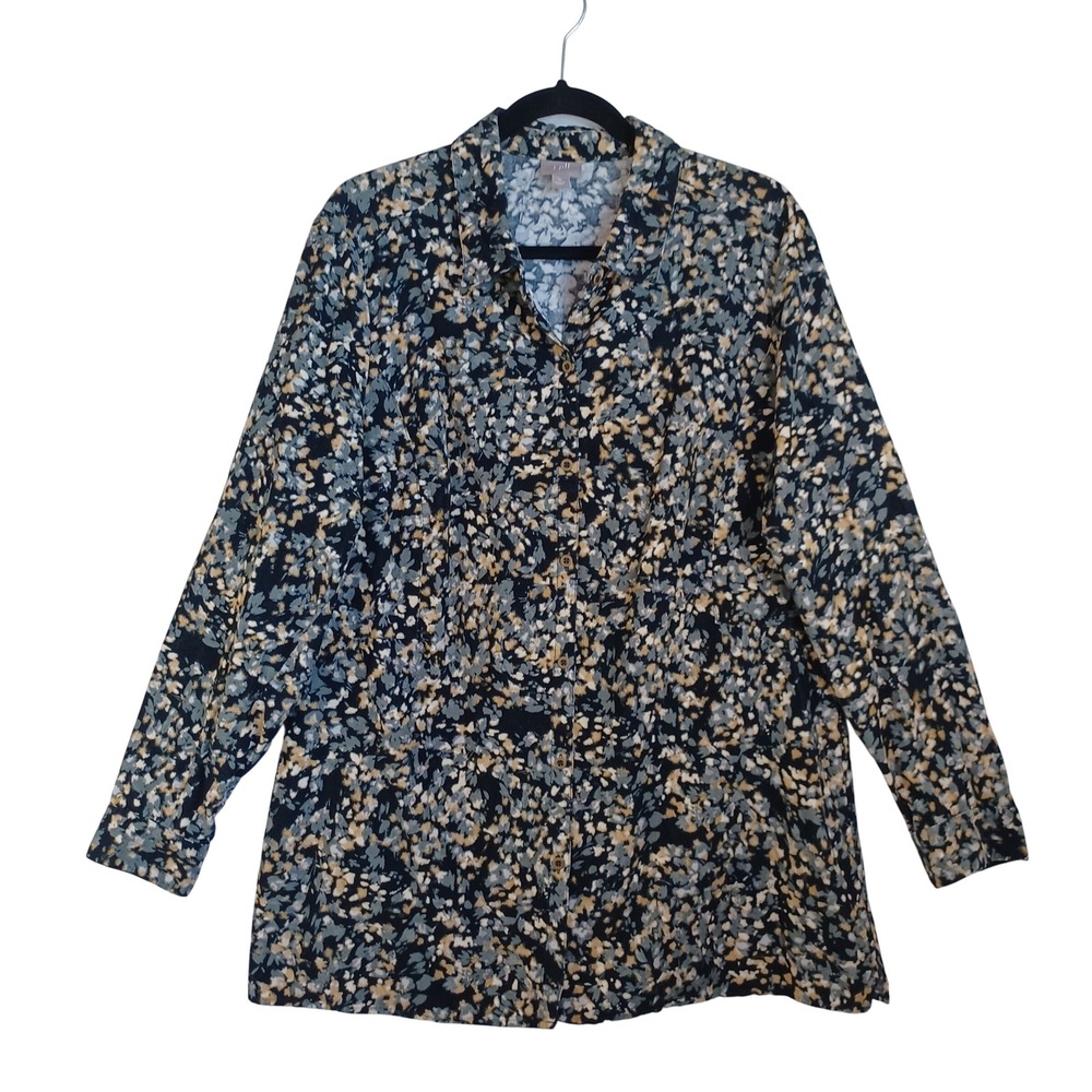 J. Jill Womens XL‎ Corduroy Floral Tunic Shirt Black Yellow Long Sleeve Cotton